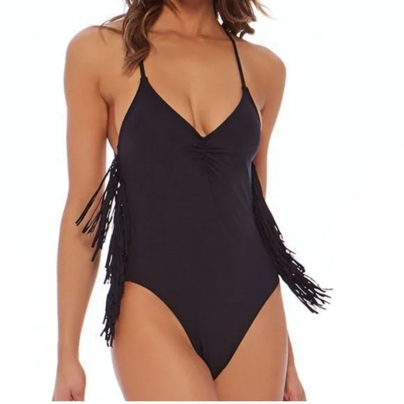 L*Space Black Fringe One Piece Swimsuit - Picture 1 of 10